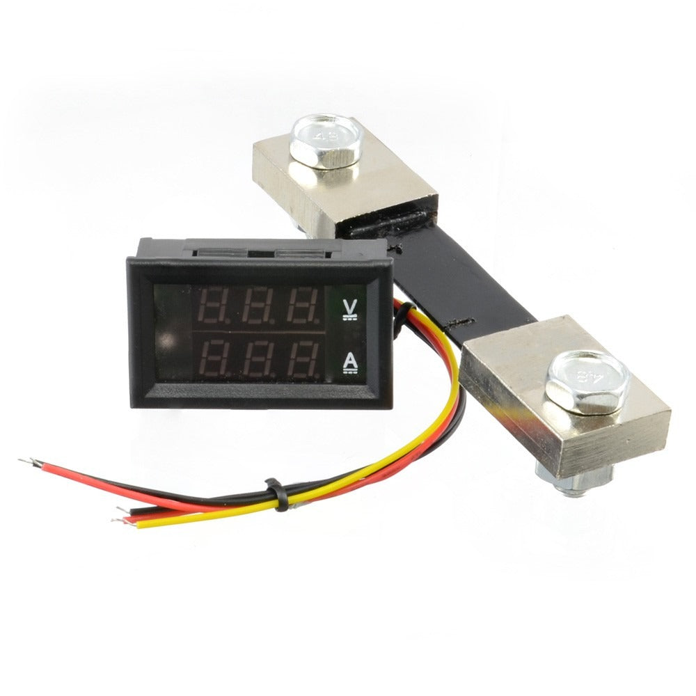 Voltmeter Ammeter DC 100V 50A display panel with Shunt - a black digital display module with V and A indicators connected to a metal shunt resistor.
