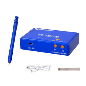 W04 3850mAh High Quality Mini Spot Welder for Li-Battery with 4 Gear Adjustment price - a blue control unit with a Type-C port, two welding pen ports, and four indicator lights, plus a welding pen, cable, and strip.