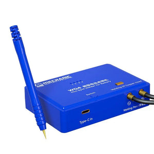 W04 3850mAh High Quality Mini Spot Welder for Li-Battery with 4 Gear Adjustment price - a blue rectangular device with a welding pen, a Type-C charging port, a power switch, and four gear indicator lights.