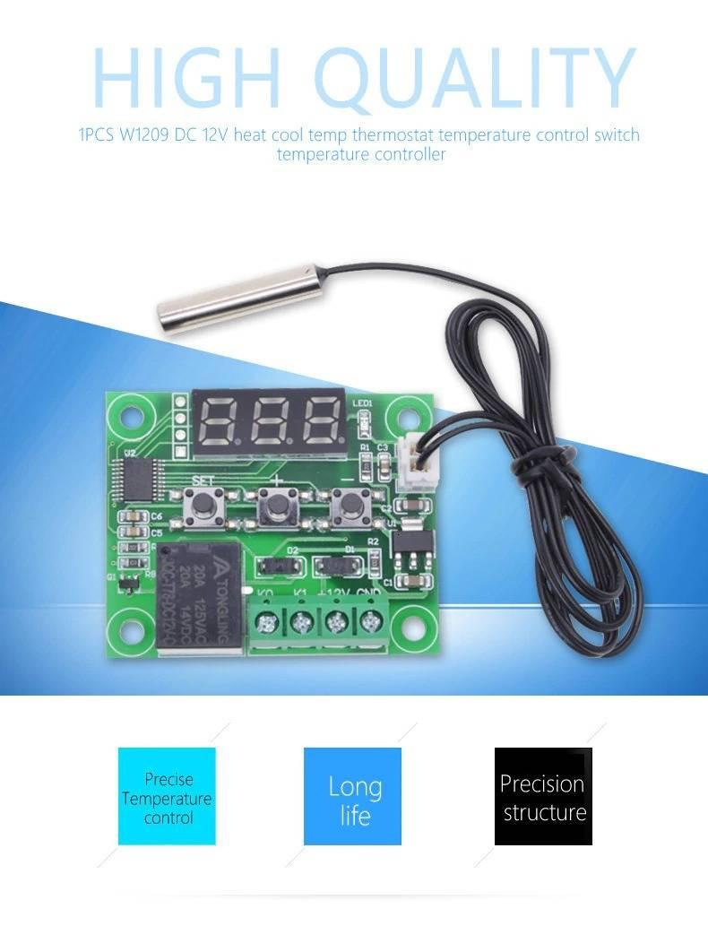 W1209 Temperature Controller - with a green circuit board, three buttons, a digital display, a black relay, and a wired metal temperature sensor.