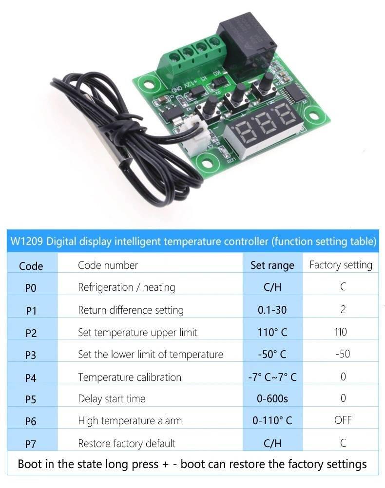 W1209 Temperature Controller - a green circuit board with a three-digit display, three buttons, a black relay, and a connected temperature sensor.