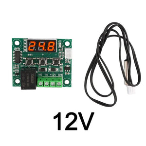 W1209 Temperature Controller - a green circuit board with a digital display, three buttons, a black relay, screw terminals, and a wired sensor.