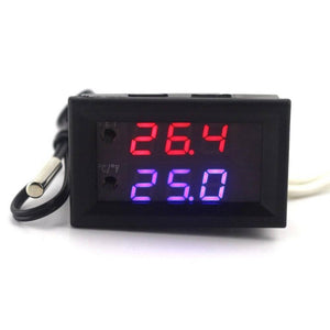 W1209WK W2809 Temperature Controller - with a black rectangular housing, a red and blue digital display showing 26.4 and 25.0, and a wired sensor probe.