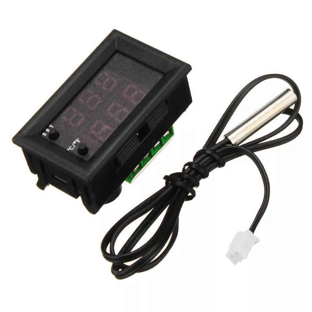 W1209WK W2809 Temperature Controller - a black rectangular display module with two buttons and a wired metal probe sensor with a white connector.
