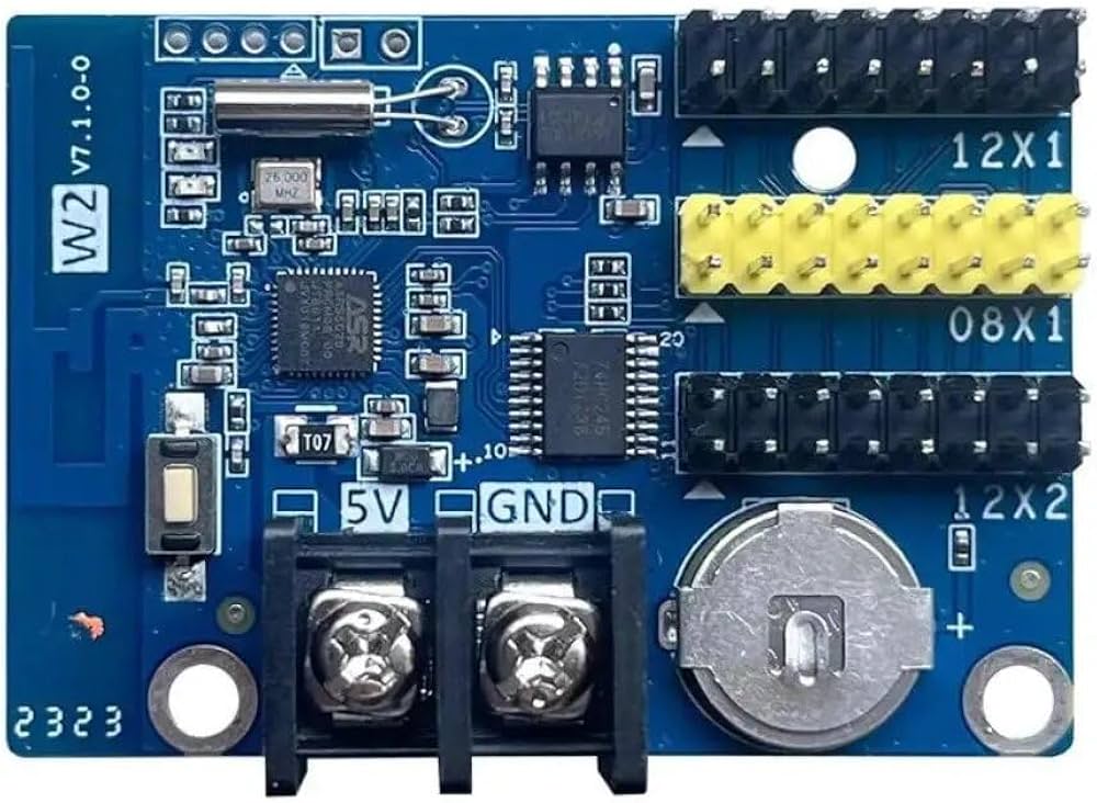 W2 LED display WiFi controller, Single double color P10 LED signs module Control card, WiFi Wireless control - a blue rectangular circuit board featuring a 26.000 MHz crystal, a button, screw terminals, and multiple pin headers.