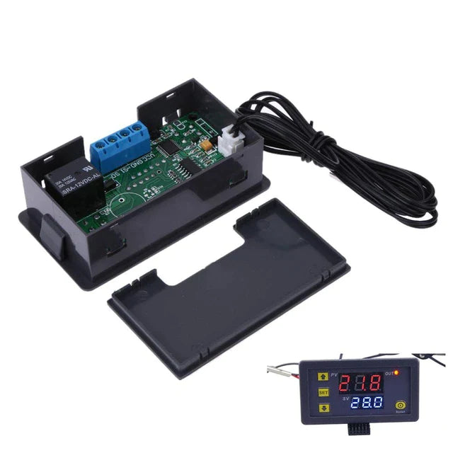 W3230 Mini Digital Temperature Controller Thermostat Regulator AC110V-220V 20A - the grey casing, internal circuit board with a blue terminal block, a sensor probe, and a front display.