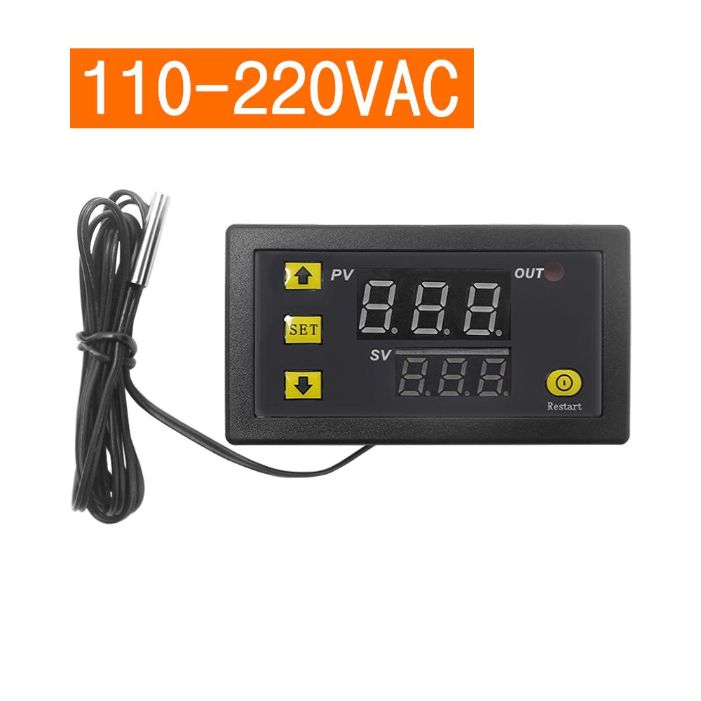 W3230 Mini Digital Temperature Controller Thermostat Regulator AC110V-220V 20A - a black rectangular thermostat with a dual-display, three buttons, a restart button, and a wired probe.