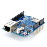 W5100 Ethernet Shield Network Expansion Board With Micro SD Card Slot For Arduino - blue circuit board, an Ethernet port, a micro SD card slot, and a red reset button.