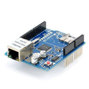 W5100 Ethernet Shield Network Expansion Board With Micro SD Card Slot For Arduino - blue circuit board, an Ethernet port, a micro SD card slot, and a red reset button.