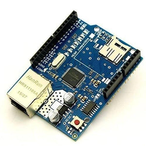 W5100 Ethernet Shield Network Expansion Board With Micro SD Card Slot For Arduino - a blue rectangular circuit board with an Ethernet port, a micro SD card slot, and a reset button.