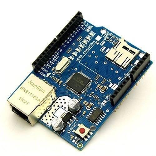 W5100 Ethernet Shield Network Expansion Board With Micro SD Card Slot For Arduino - a blue rectangular circuit board with an Ethernet port, a micro SD card slot, and a reset button.