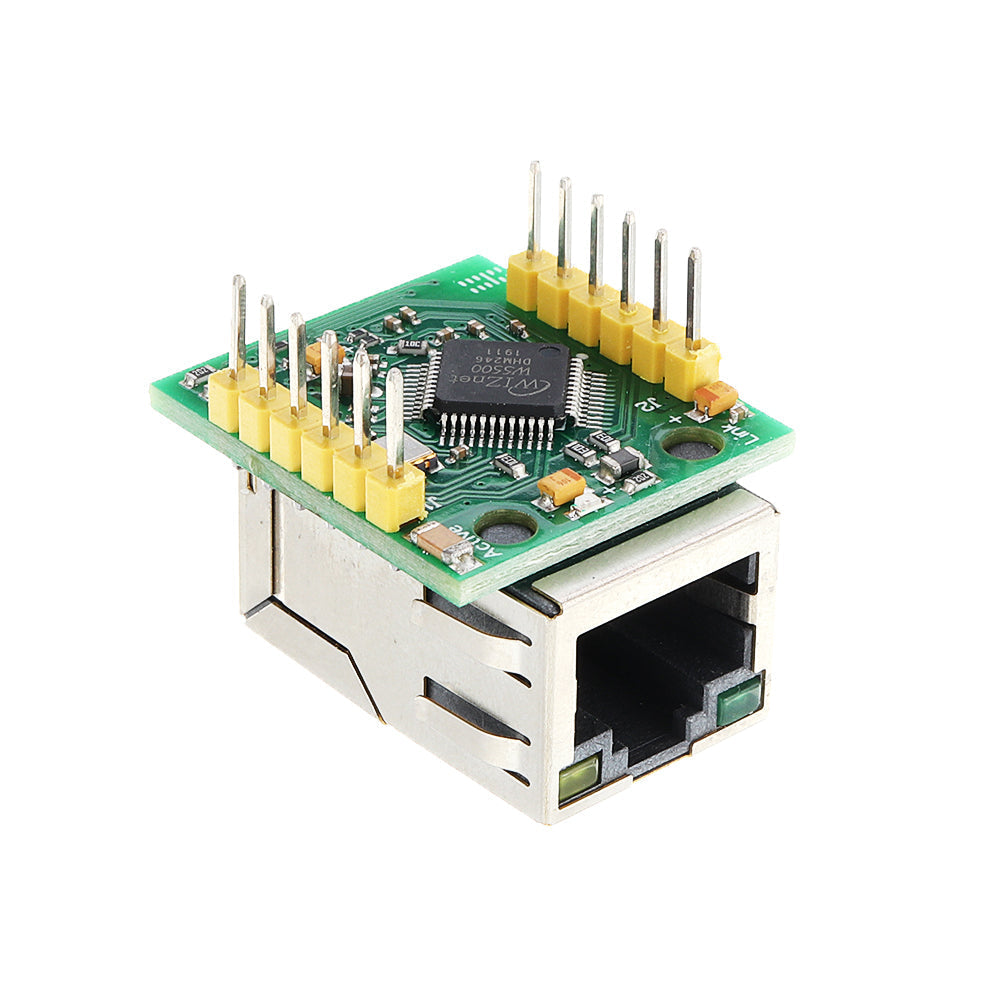 W5500 Ethernet TCP/IP Protocol Stack SPI IOT Compatible WIZ820IO Shield - a green circuit board with an integrated RJ45 Ethernet port, a WIZnet chip, and two rows of yellow header pins.