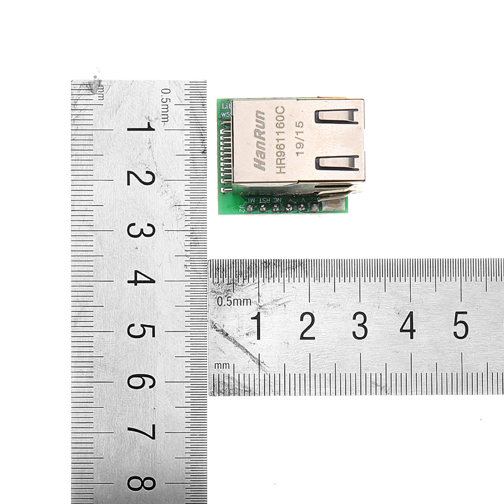 W5500 Ethernet TCP/IP Protocol Stack SPI IOT Compatible WIZ820IO Shield - shown from above with a HanRun HR961160C Ethernet port, measured by two metal rulers in centimeters.
