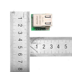 W5500 Ethernet TCP/IP Protocol Stack SPI IOT Compatible WIZ820IO Shield - shown from above with a HanRun HR961160C Ethernet port, measured by two metal rulers in centimeters.