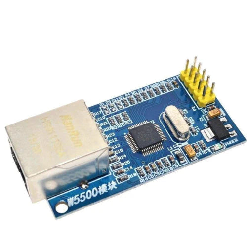 W5500 SPI To Ethernet Module - a blue circuit board with an RJ45 Ethernet port, a silver crystal oscillator, and a yellow header pin connector.