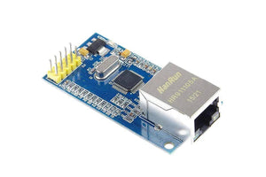 W5500 SPI To Ethernet Module - a blue circuit board featuring a silver HanRun HR911105A Ethernet port, a 25.000 crystal oscillator, and a yellow pin header.