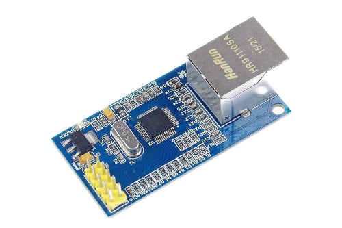 W5500 SPI To Ethernet Module - a blue rectangular circuit board featuring a HanRun HR911105A Ethernet port, a 25.000 crystal, and yellow header pins.