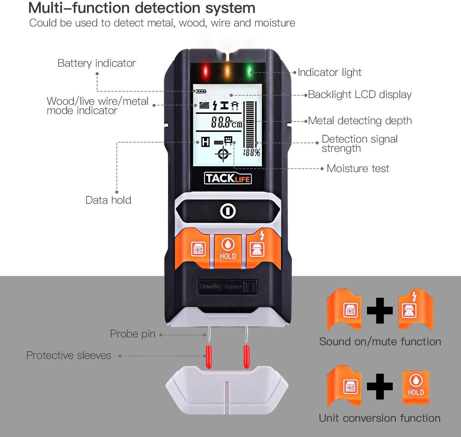 Wall Detector, Tacklife DMS05 4 In 1 Detector With LCD Display, Classic And Multifunctional Detector, Metal Finder, Wood, AC Cable And Humidity - its black and orange body, LCD screen, buttons, probe pins, and protective sleeve in an annotated diagram.