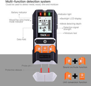 Wall Detector, Tacklife DMS05 4 In 1 Detector With LCD Display, Classic And Multifunctional Detector, Metal Finder, Wood, AC Cable And Humidity - its black and orange body, LCD screen, buttons, probe pins, and protective sleeve in an annotated diagram.