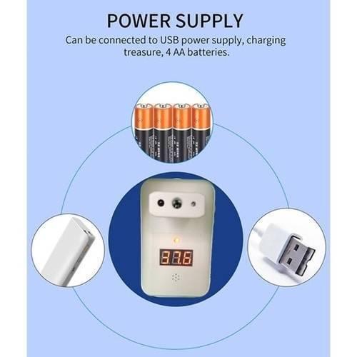 Wall Mounted Thermal Scanner ( Wall Mounted Temperature Scanner) Yna-800 - power options including four AA batteries, a USB cable, and a white device with a digital display.