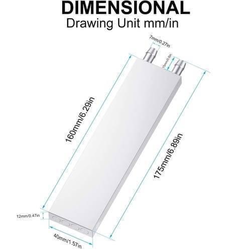 Water Cooling Block Aluminum 40mm x 160mm Heat Sink For Liquid Water Cooler - shown in a white-background dimensional drawing with measurements in millimeters and inches.