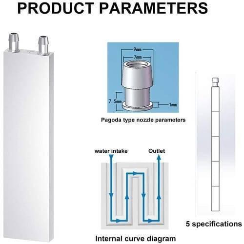 Water Cooling Block Aluminum 40mm x 160mm Heat Sink For Liquid Water Cooler - the silver block, a nozzle dimension diagram, an internal flow path diagram, and side view.