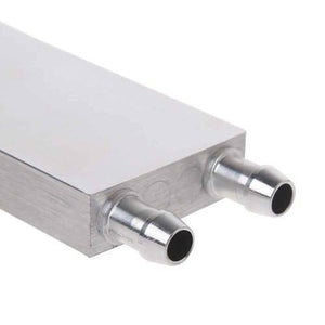 Water Cooling Block Aluminum 40mm x 160mm Heat Sink For Liquid Water Cooler - a close-up view showing the silver rectangular block with two protruding metal hose connectors.