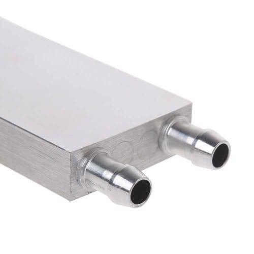 Water Cooling Block Aluminum 40mm x 160mm Heat Sink For Liquid Water Cooler - a close-up view showing the silver rectangular block with two protruding metal hose connectors.