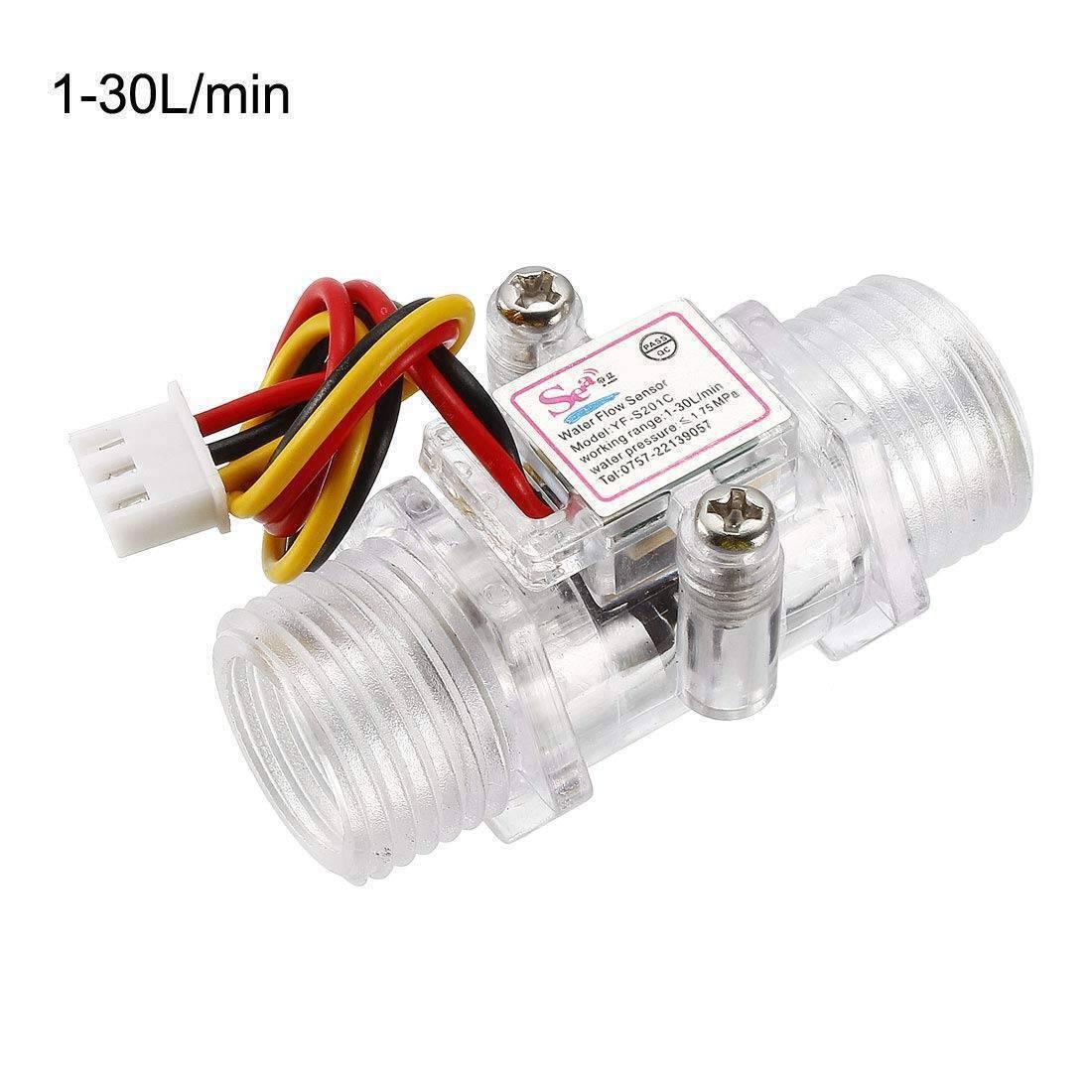 Water Flow Sensor Yf S201C - a clear plastic cylindrical sensor with threaded ends, a red, yellow, and black wire harness, and a white connector.