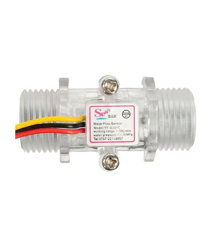Water Flow Sensor Yf S201C - a clear plastic inline flow meter with three electrical wires and a central label displaying model and pressure specifications.