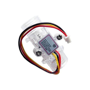 Water Flow Sensor Yf S201C - a clear plastic pipe-shaped sensor with a label, three connected wires in red, yellow, and black, and a white connector.