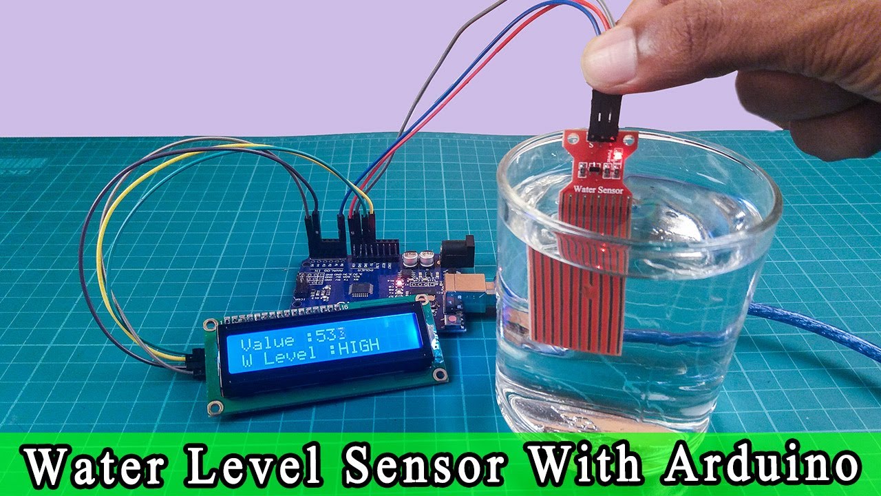 Water Level Sensor with Arduino UNO only products - a sensor in a glass of water connected to an LCD displaying "Value :533" and "W Level :HIGH".