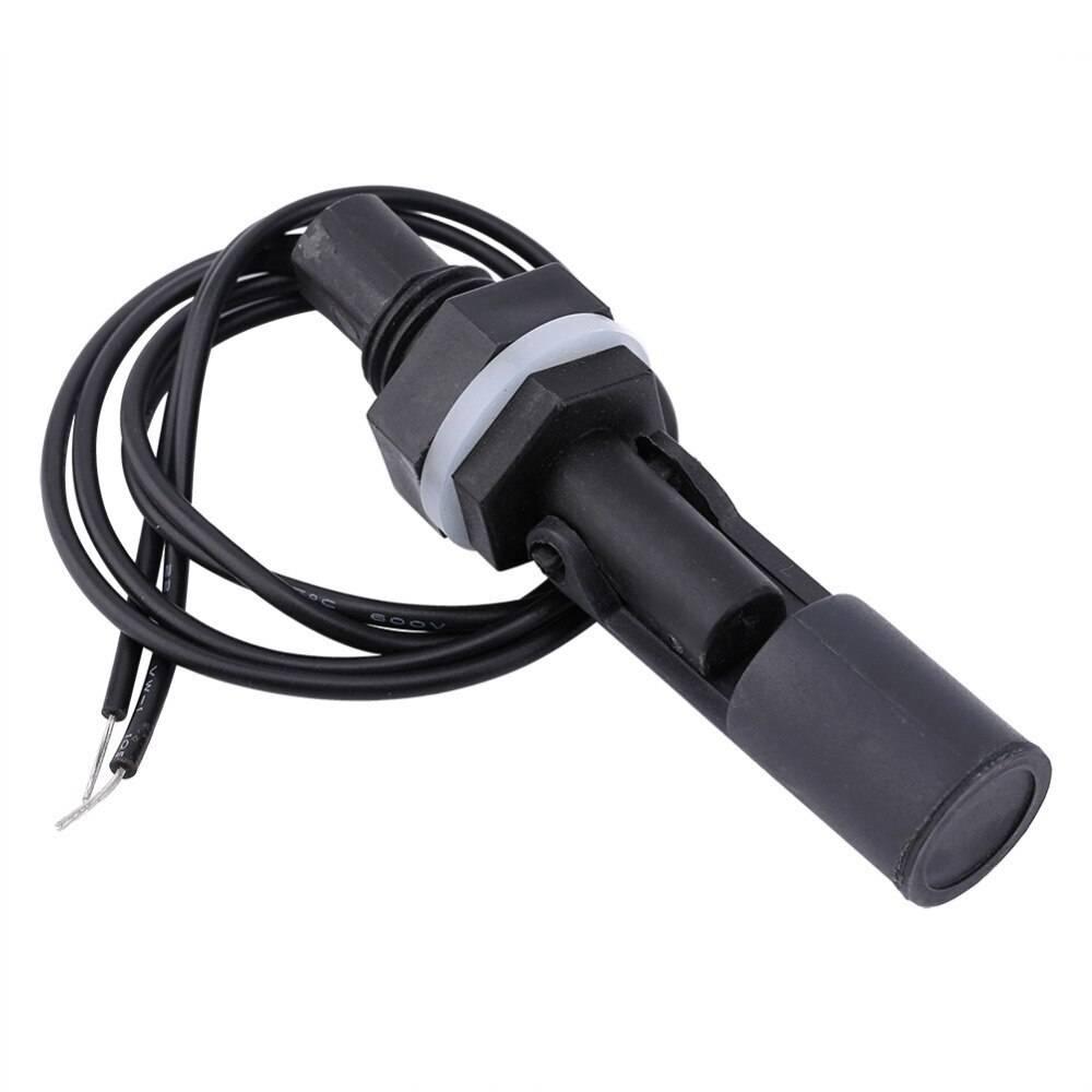 Water Level Switch Liquid Sensor Float Switch Plastic Ball P45 - a black plastic horizontal float switch with a white gasket and two attached wires.