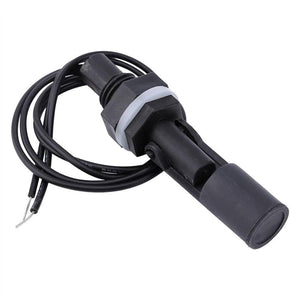 Water Level Switch Liquid Sensor Float Switch Plastic Ball P45 - a black plastic horizontal float switch with a white gasket and two attached wires.