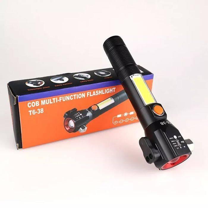 Water Proof Zoom Able Emergency COB Flash Light LED Safety Hammer Flashlight - shown with its black and orange packaging box, featuring a side COB light and orange power button.