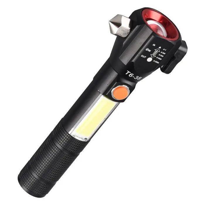 Water Proof Zoom Able Emergency COB Flash Light LED Safety Hammer Flashlight - with a side COB light, orange power button, and metal hammer tip.