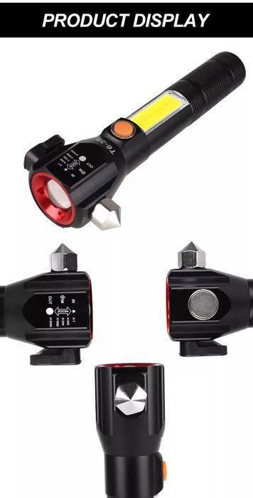 Water Proof Zoom Able Emergency COB Flash Light LED Safety Hammer Flashlight - shown in four views, displaying the black body, side button, and metal tip.