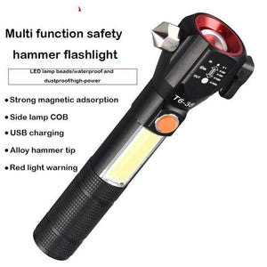 Water Proof Zoom Able Emergency COB Flash Light LED Safety Hammer Flashlight - a black metal flashlight with a side COB light, orange button, and hammer tip.