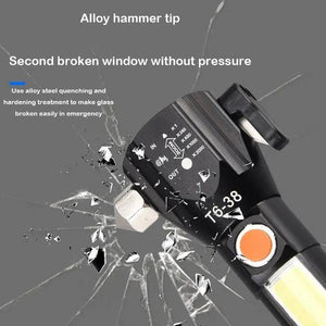 Water Proof Zoom Able Emergency COB Flash Light LED Safety Hammer Flashlight - the black alloy hammer tip and zoom control markings.