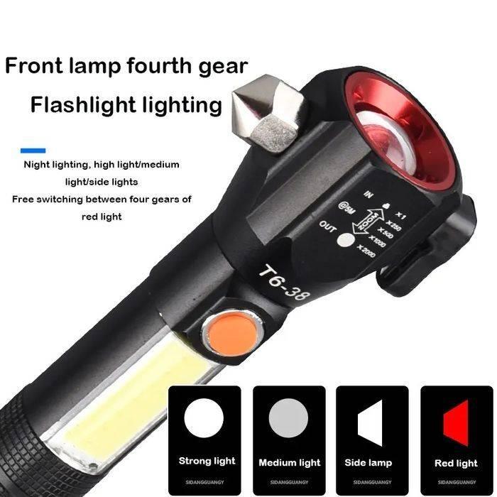 Water Proof Zoom Able Emergency COB Flash Light LED Safety Hammer Flashlight - a black body, orange button, and four mode icons at the bottom.