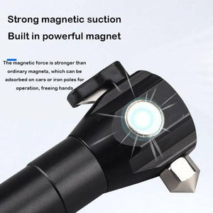 Water Proof Zoom Able Emergency COB Flash Light LED Safety Hammer Flashlight - the black body, magnetic base, and side button.