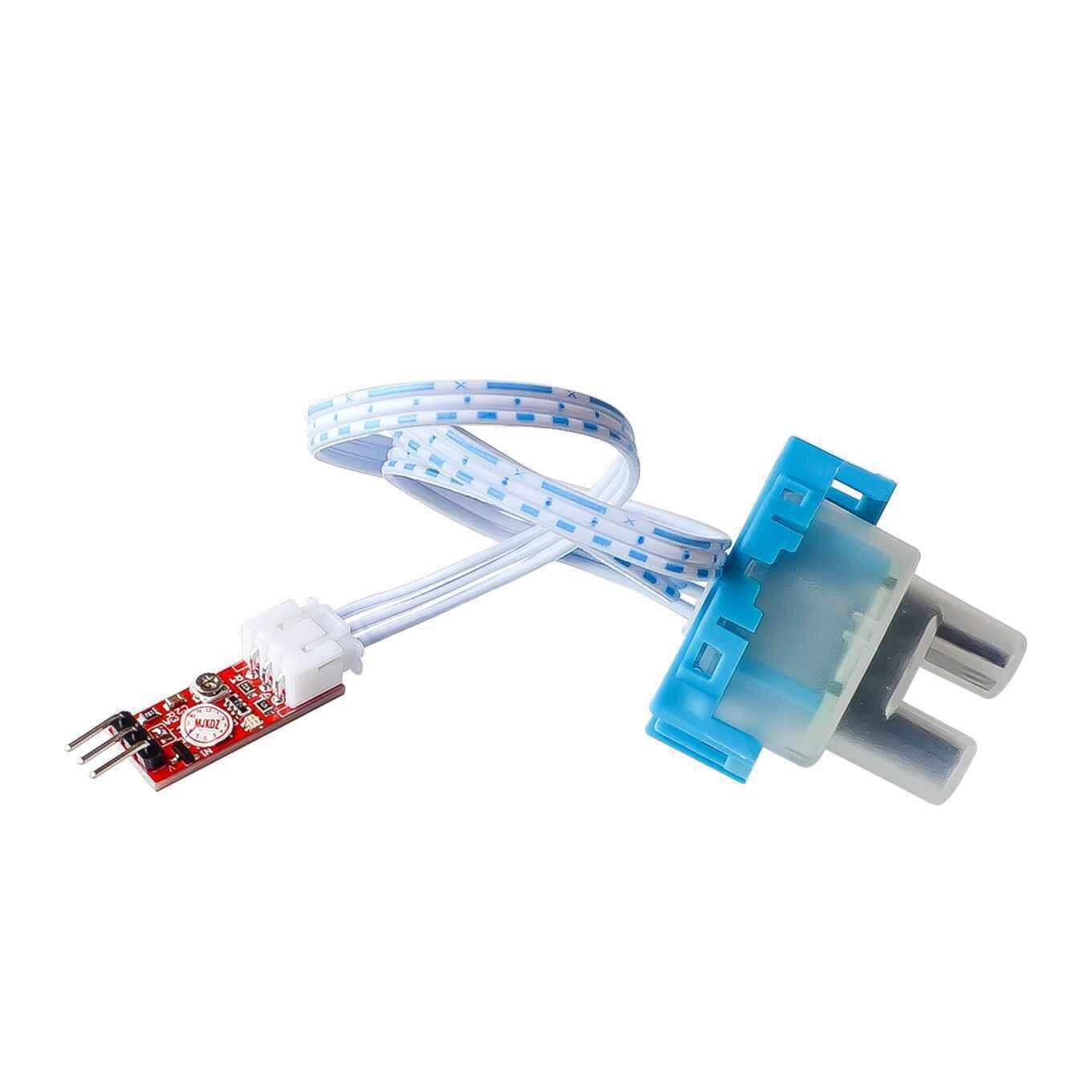 Water Turbidity Sensor - a blue plastic sensor head connected by a white ribbon cable to a small red circuit board with a three-pin header.