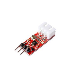 Water Turbidity Sensor - shown as a red circuit board with a white three-pin connector, a silver potentiometer, and three metal pins on the opposite end.