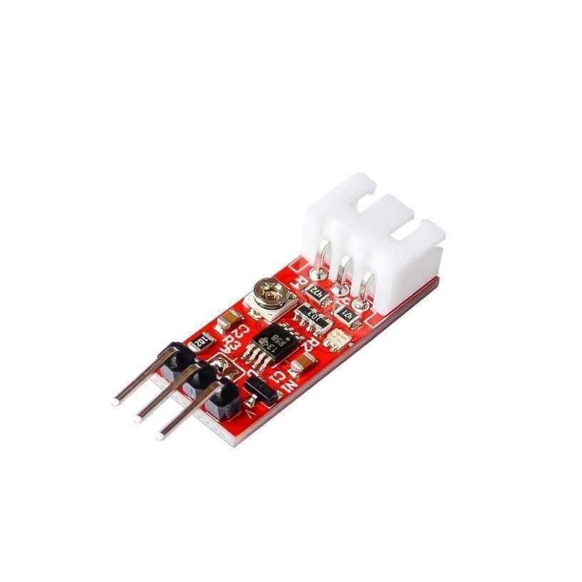 Water Turbidity Sensor - shown as a red circuit board with a white three-pin connector, a silver potentiometer, and three metal pins on the opposite end.
