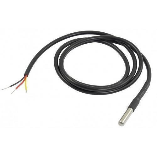 Waterproof DS18B20 Temperature Sensor - a stainless steel probe tip connected to a long black cable with three exposed wires at the end.