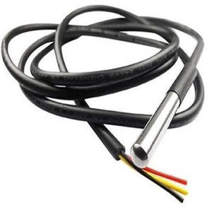 Waterproof DS18B20 Temperature Sensor - a stainless steel probe attached to a black cable with three exposed red, yellow, and black wires.