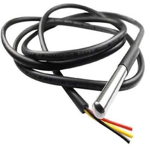 Waterproof DS18B20 Temperature Sensor - a stainless steel probe attached to a black cable with three exposed red, yellow, and black wires.