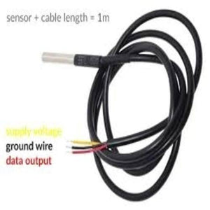 Waterproof DS18B20 Temperature Sensor - a metal probe, a black cable, and three exposed wires labeled as supply voltage, ground, and data output.