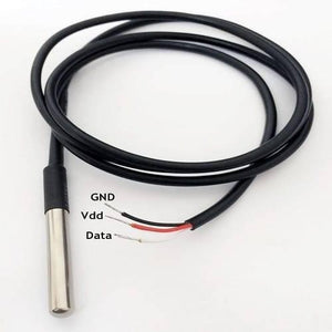 Waterproof DS18B20 Temperature Sensor - a stainless steel probe at the end of a black cable with three exposed wires labeled GND, Vdd, and Data.