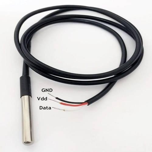 Waterproof DS18B20 Temperature Sensor - a stainless steel probe at the end of a black cable with three exposed wires labeled GND, Vdd, and Data.